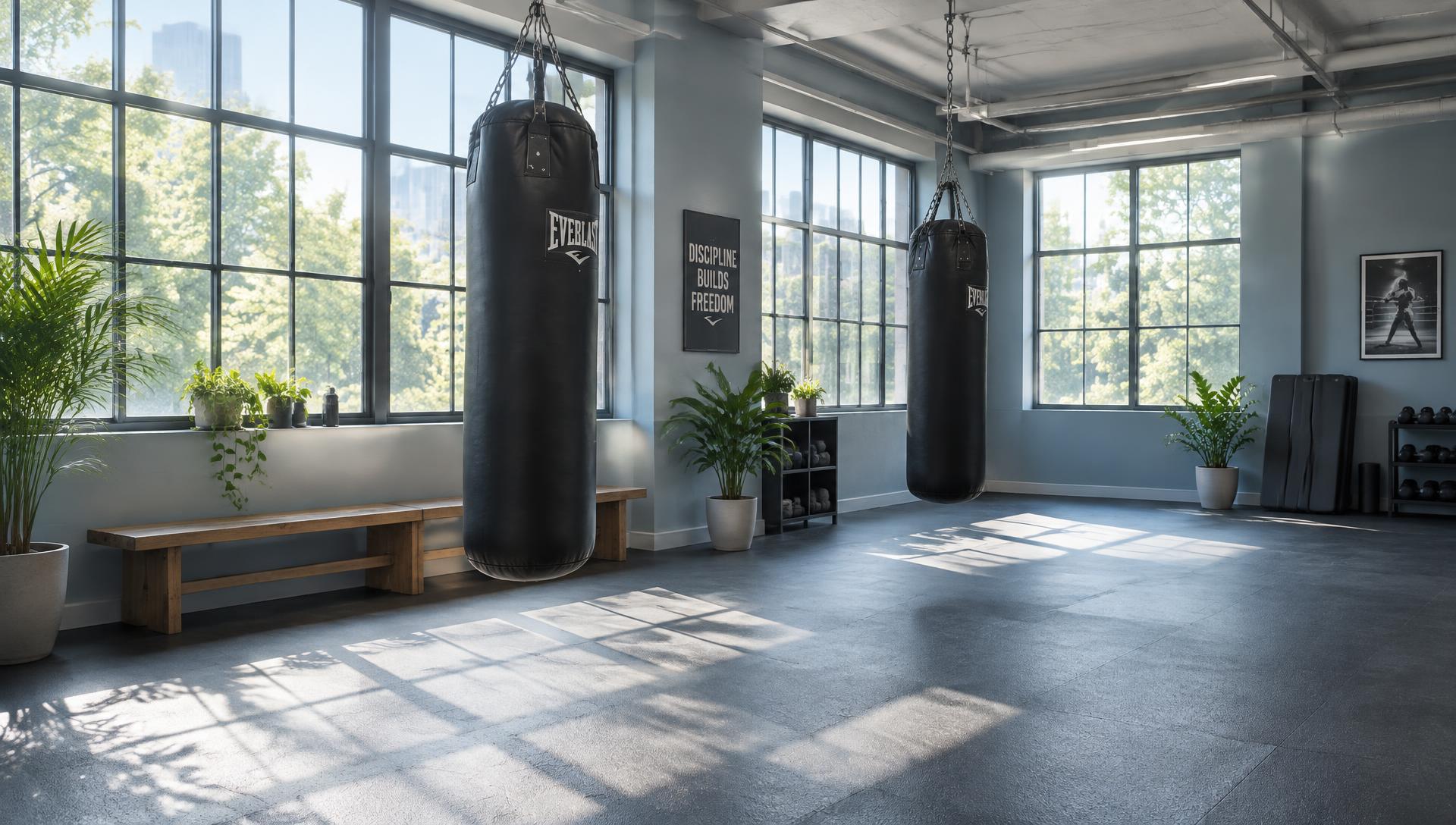 De lichte studio van Holzken Academy met bokszakken in zacht daglicht